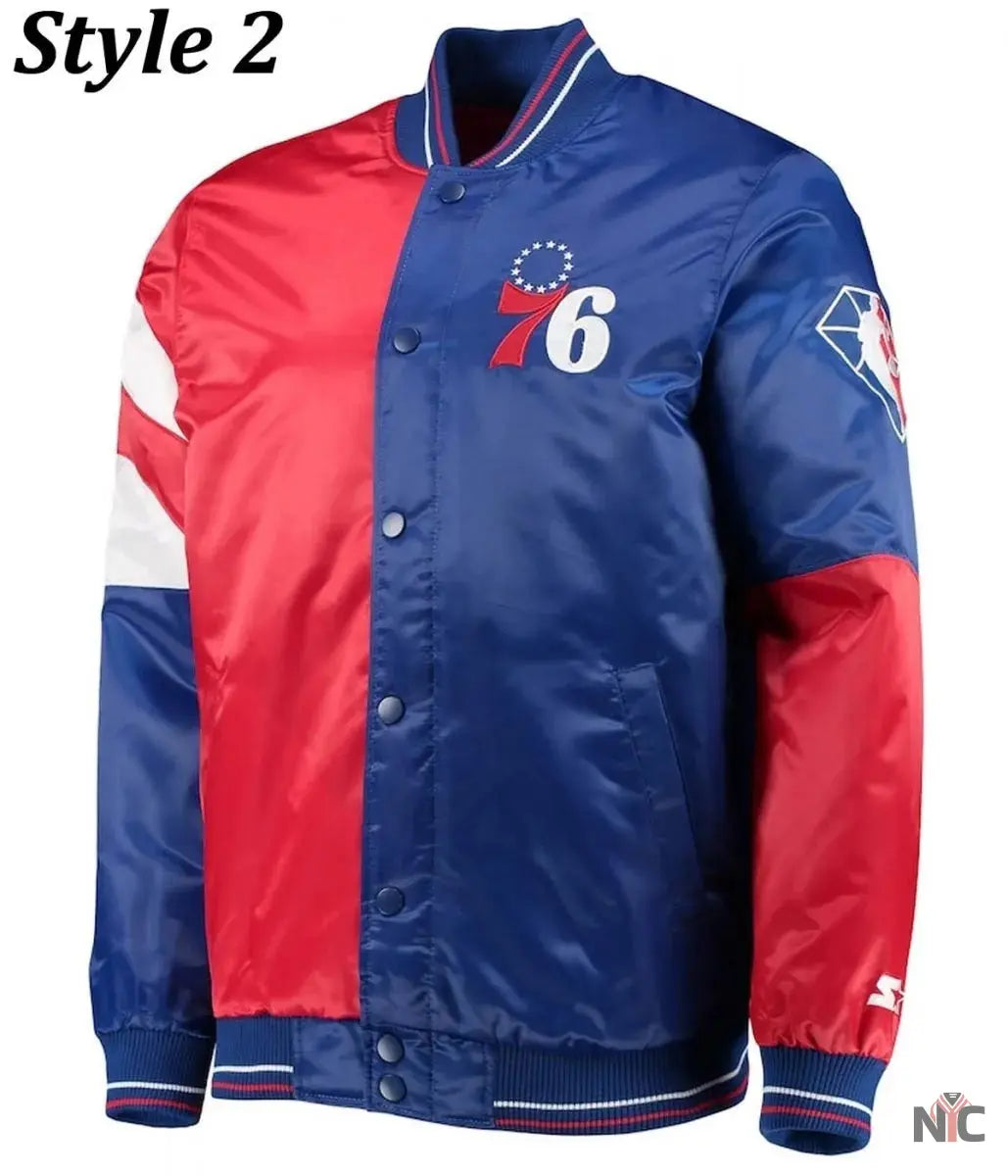 Philadelphia 76ers Red and Royal Varsity Satin Jacket NYC Jackets