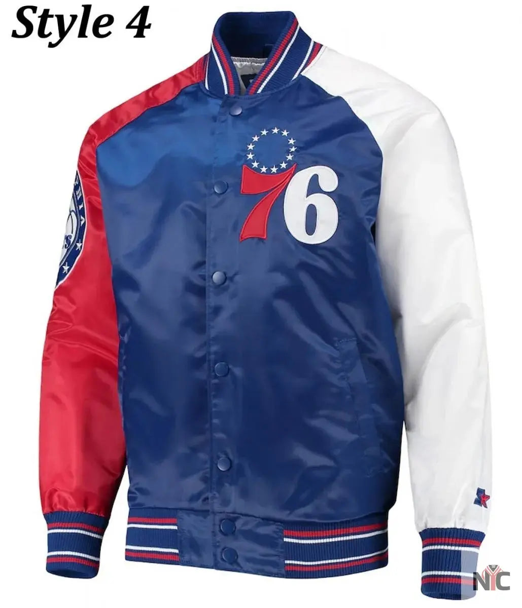 Philadelphia 76ers Red and Royal Varsity Satin Jacket NYC Jackets