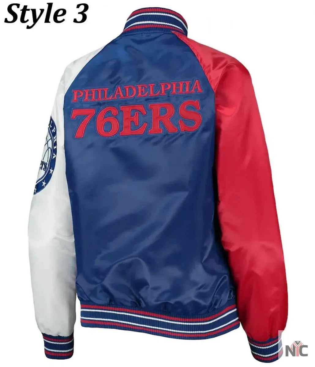 Philadelphia 76ers Red and Royal Varsity Satin Jacket NYC Jackets