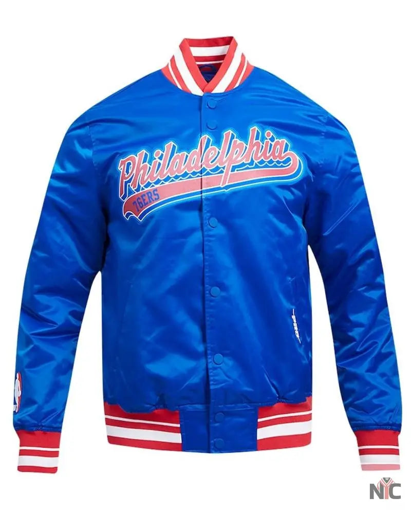 Philadelphia 76ers Script Tail Royal Satin Jacket NYC Jackets