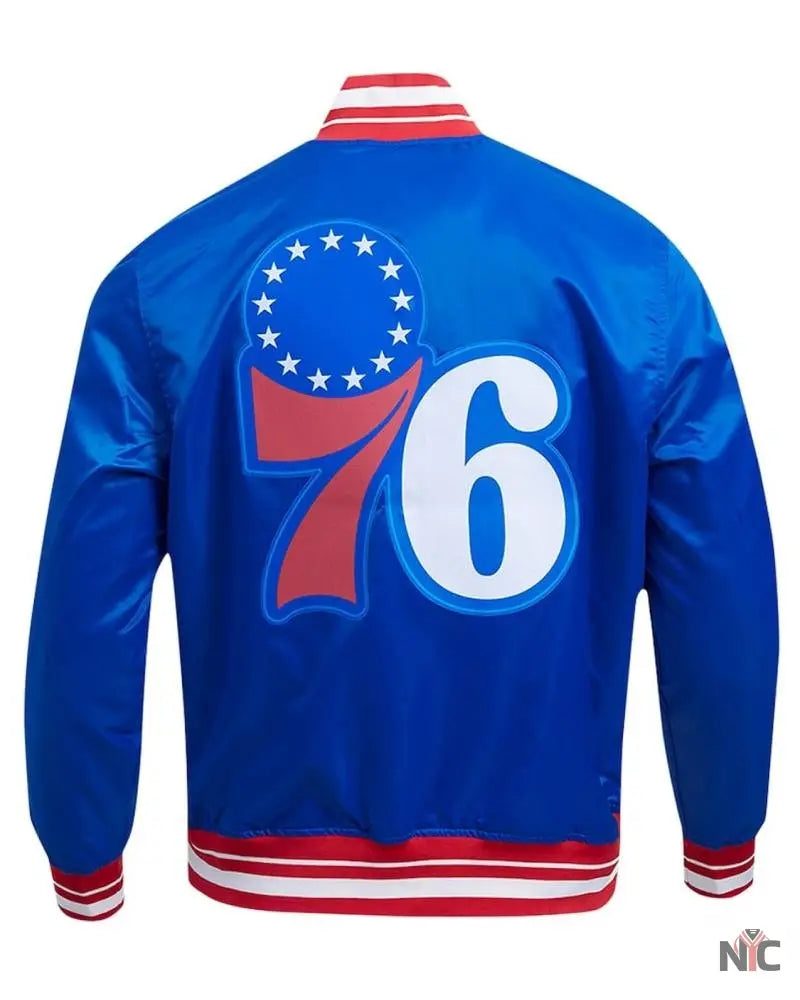 Philadelphia 76ers Script Tail Royal Satin Jacket NYC Jackets