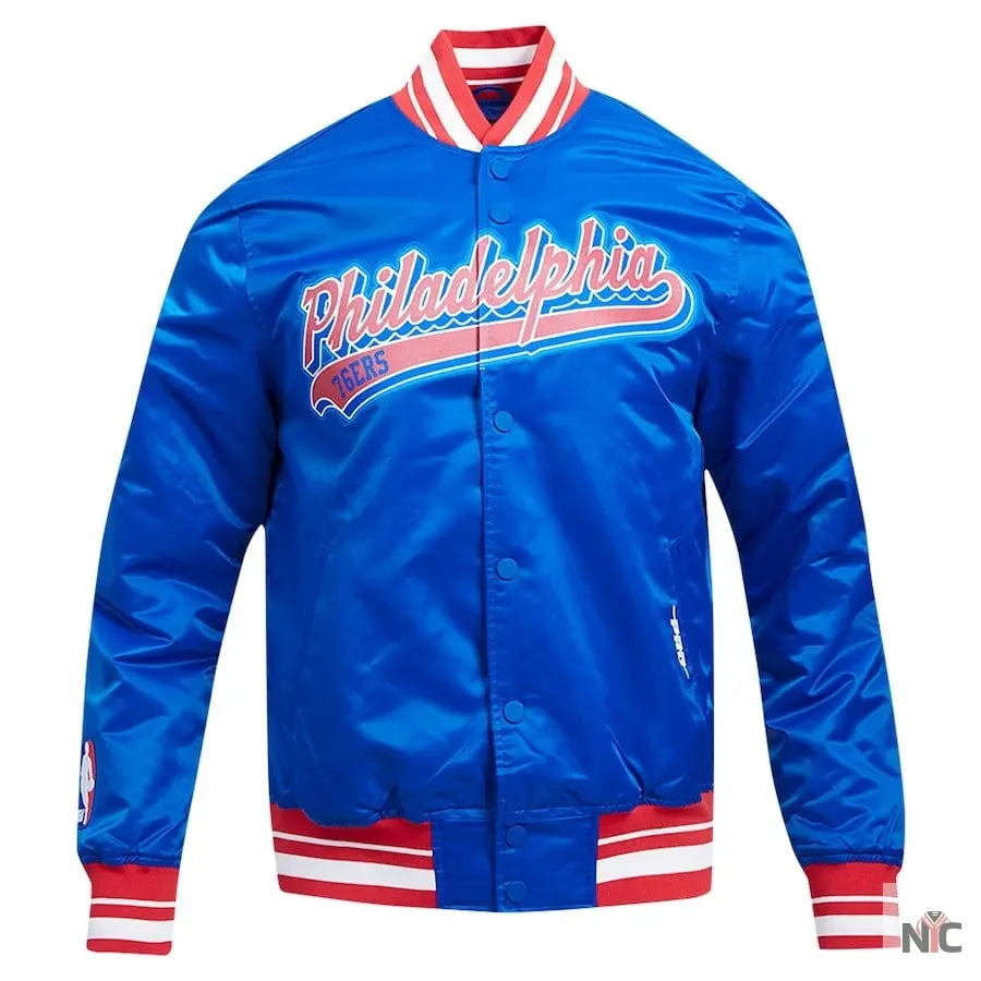 Philadelphia 76ers Script Tail Royal Satin Varsity Jacket NYC Jackets