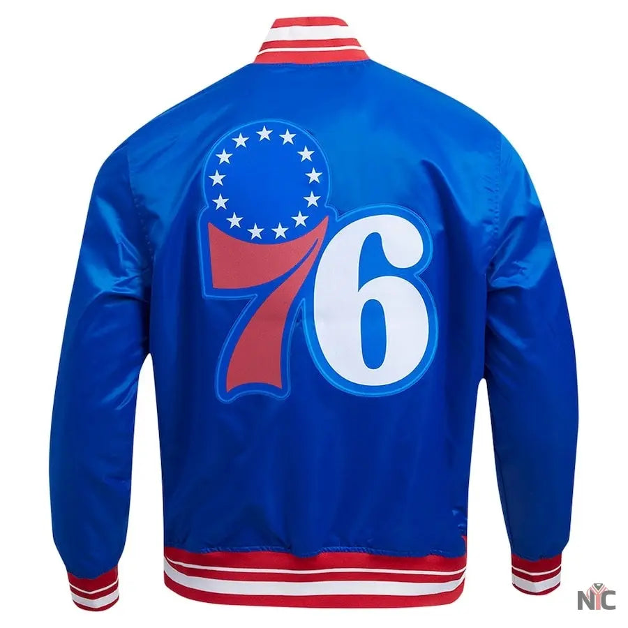 Philadelphia 76ers Script Tail Royal Satin Varsity Jacket NYC Jackets