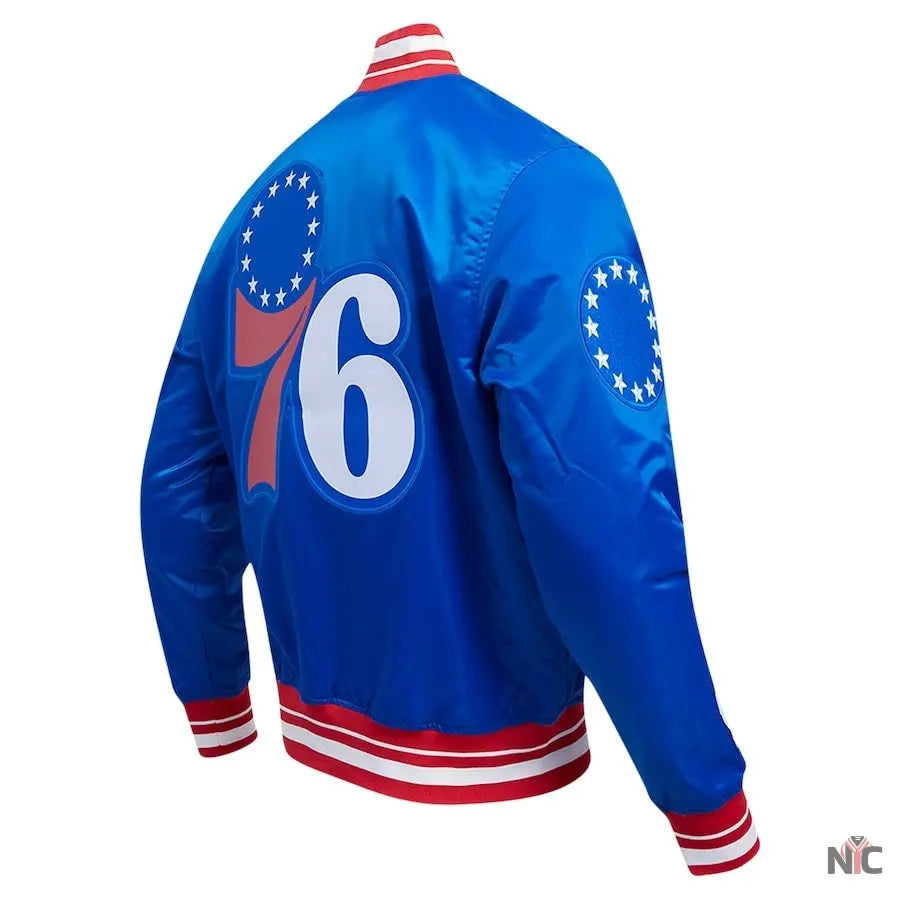Philadelphia 76ers Script Tail Royal Satin Varsity Jacket NYC Jackets