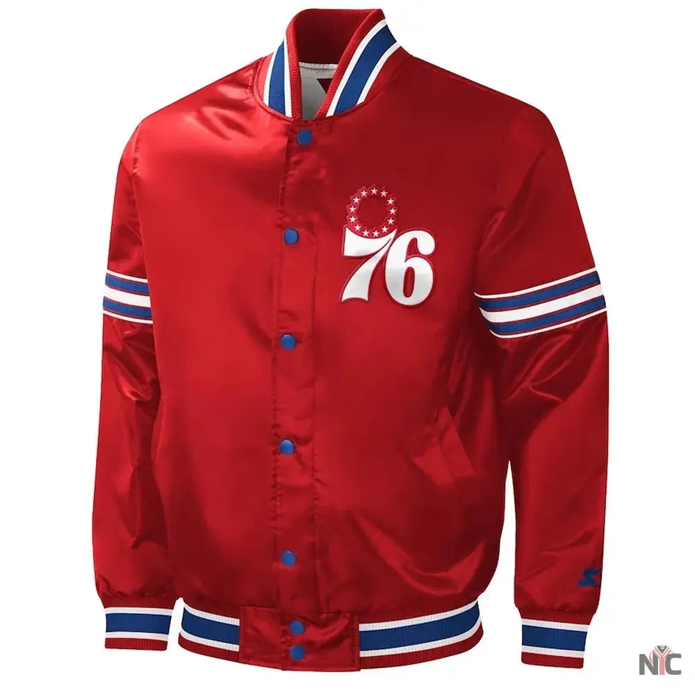 Philadelphia 76ers Slider Red Varsity Satin Jacket NYC Jackets
