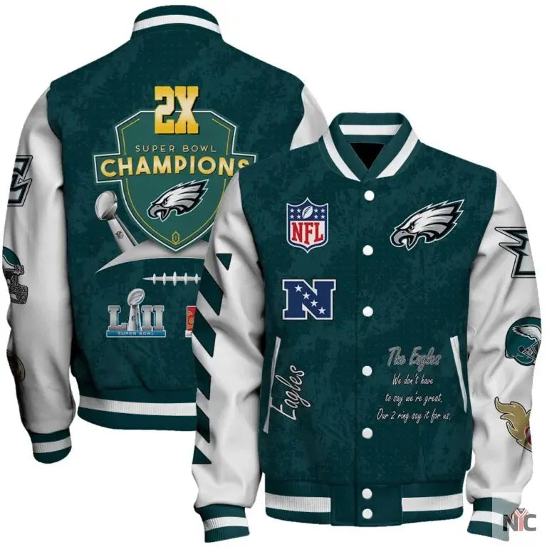 Philadelphia Eagles 2X Super Bowl LIX Champions Winning Spirit Varsity Jacket NYC Jackets
