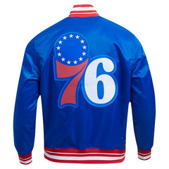 Philadelphia 76ers Script Tail Royal Satin Varsity Jacket