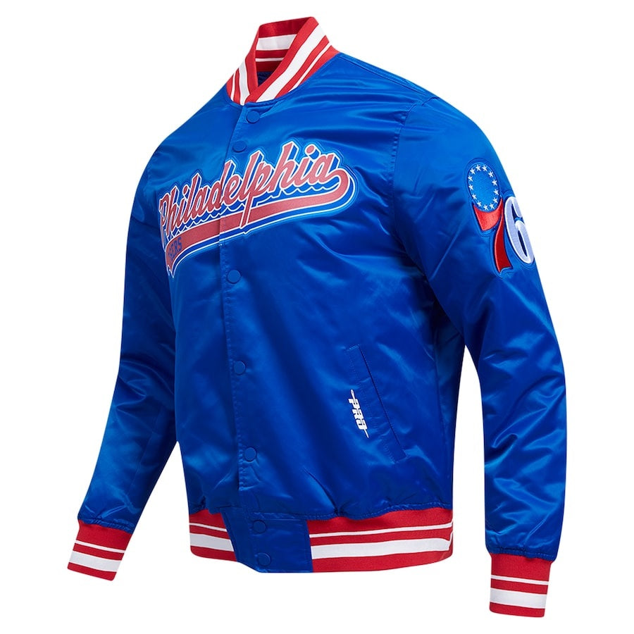 Philadelphia 76ers Script Tail Royal Satin Varsity Jacket