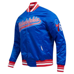 Philadelphia 76ers Script Tail Royal Satin Varsity Jacket