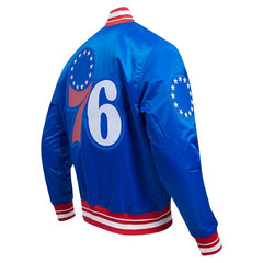 Philadelphia 76ers Script Tail Royal Satin Varsity Jacket