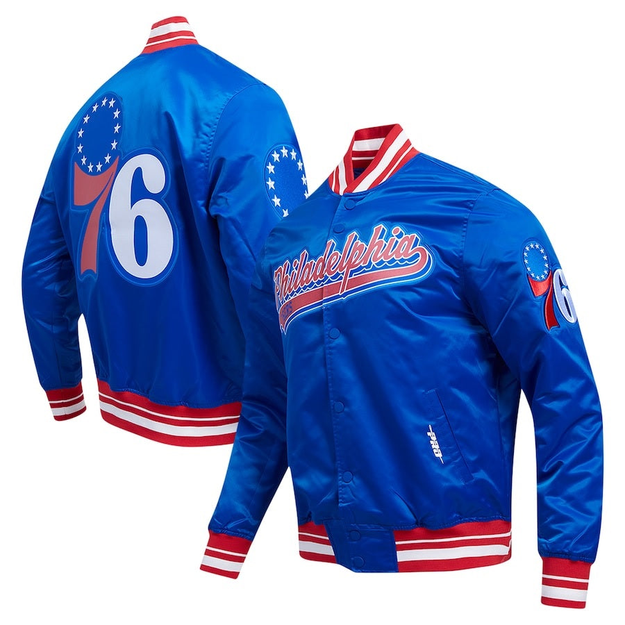Philadelphia 76ers Script Tail Royal Satin Varsity Jacket