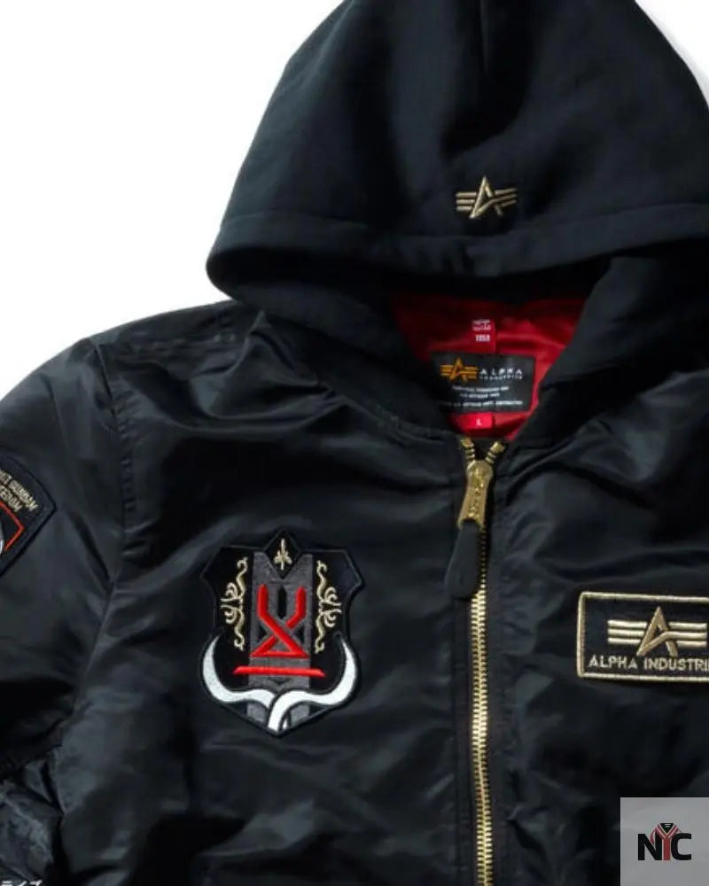 STRICT-G x ALPHA Mobile Suit Gundam SEED FREEDOM Black MA-1 Jacket NYC Jackets