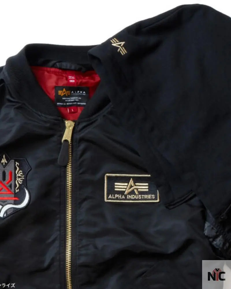 STRICT-G x ALPHA Mobile Suit Gundam SEED FREEDOM Black MA-1 Jacket NYC Jackets