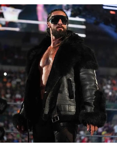 Seth Rollins Monday Night RAW Black Leather Fur Jacket NYC Jackets