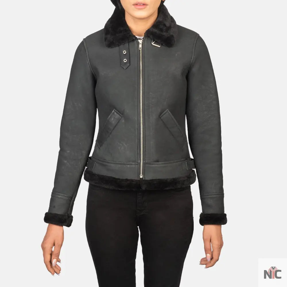 Sherilyn B-3 Distressed Black Leather Bomber Jacket NYC Jackets