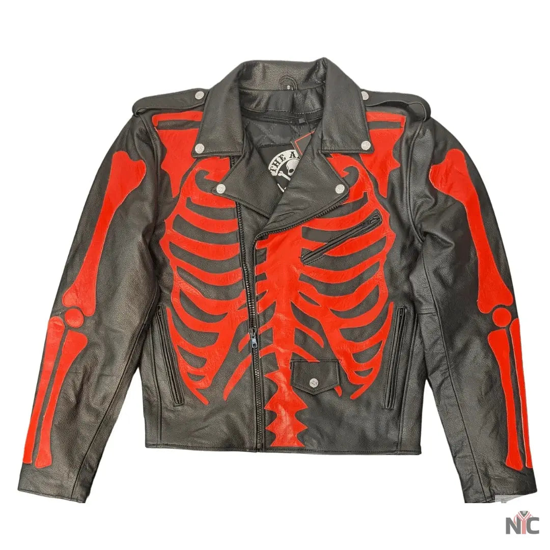 Skeleton Bones Red On Black Classic Style Leather Jacket NYC Jackets