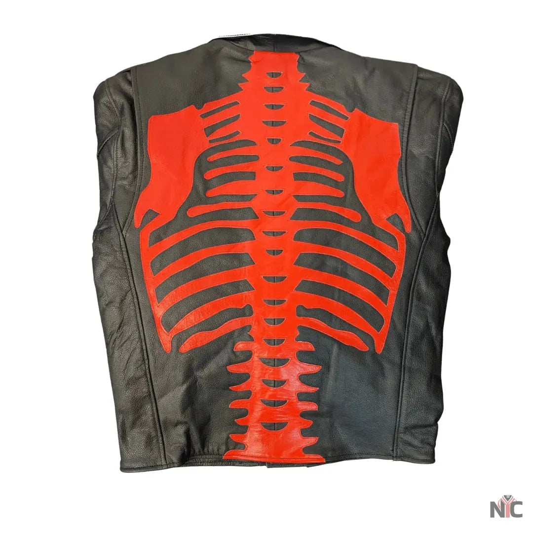 Skeleton Bones Red On Black Classic Style Leather Jacket NYC Jackets