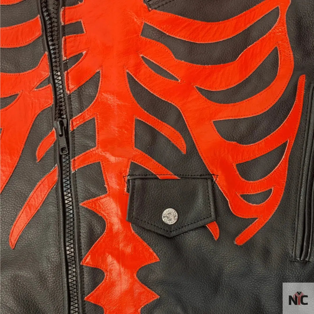 Skeleton Bones Red On Black Classic Style Leather Jacket NYC Jackets