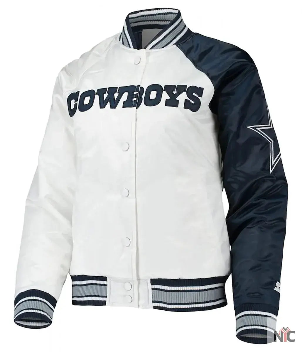 Starter Dallas Cowboys Endzone White and Blue Satin Jacket NYC Jackets