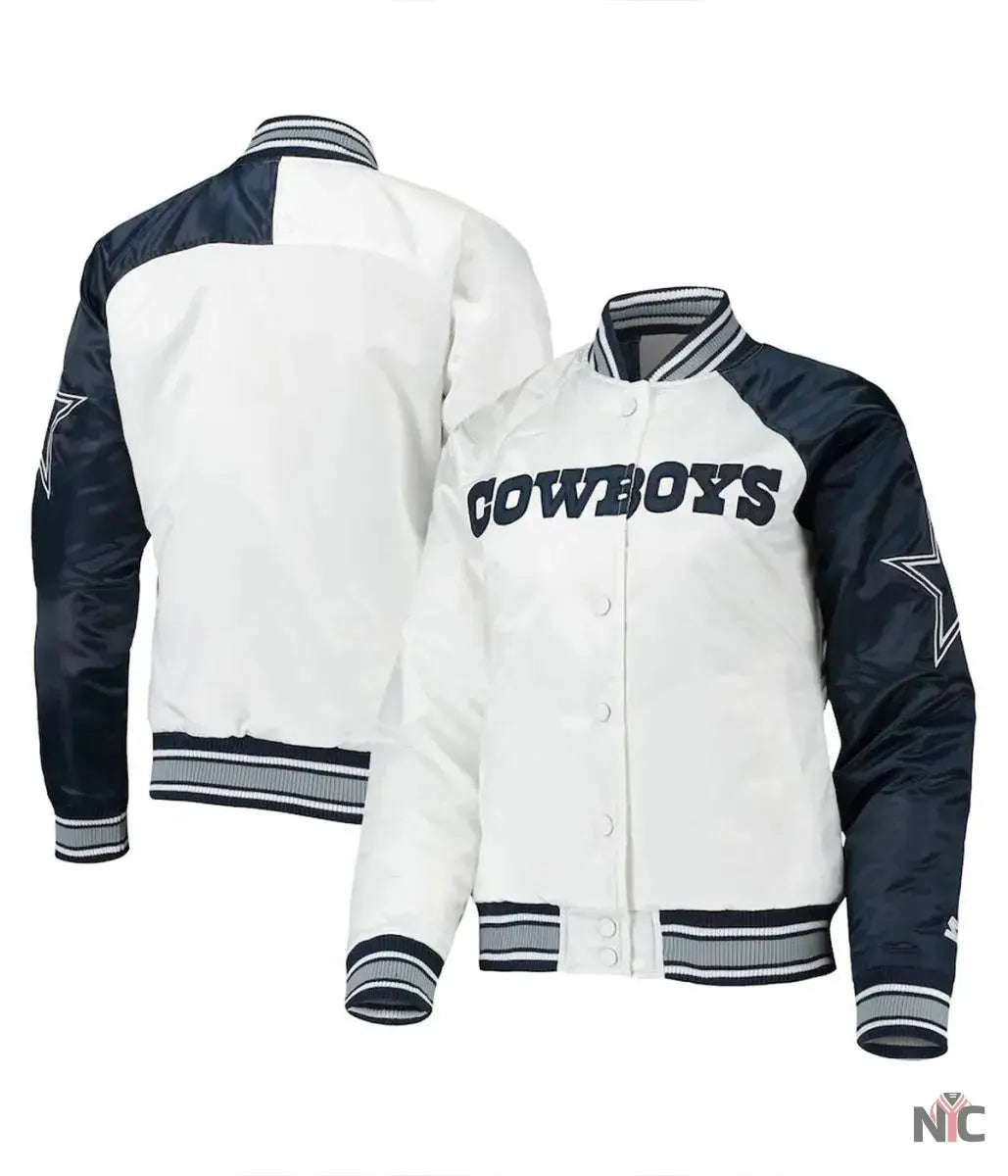 Starter Dallas Cowboys Endzone White and Blue Satin Jacket NYC Jackets