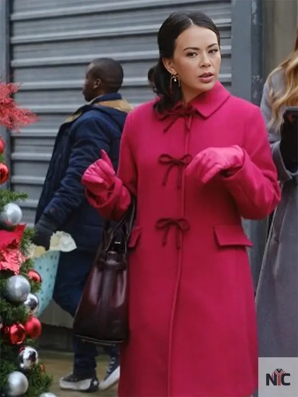 Sugarplummed 2024 Janel Parrish Pink Bow Coat NYC Jackets