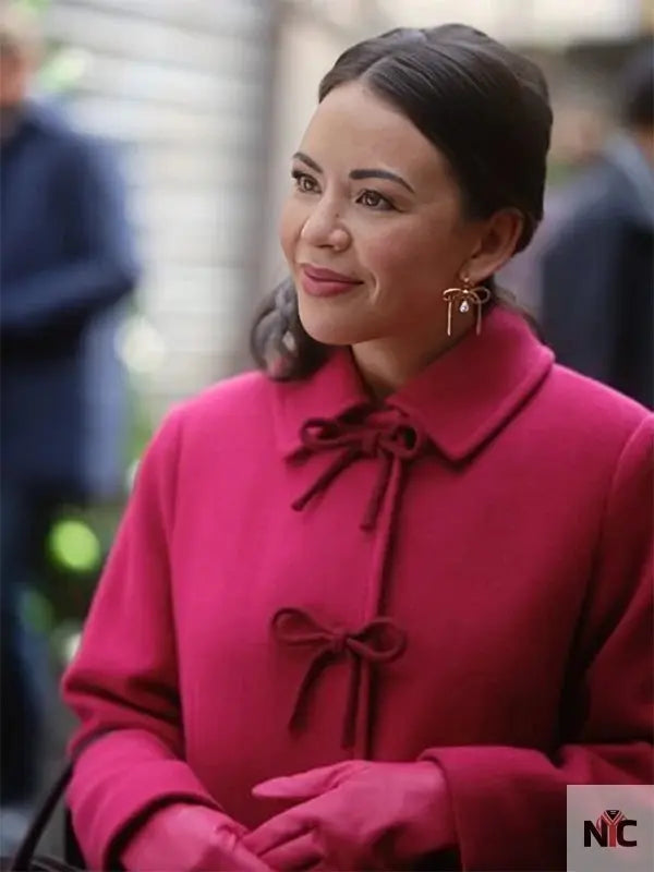 Sugarplummed 2024 Janel Parrish Pink Bow Coat NYC Jackets