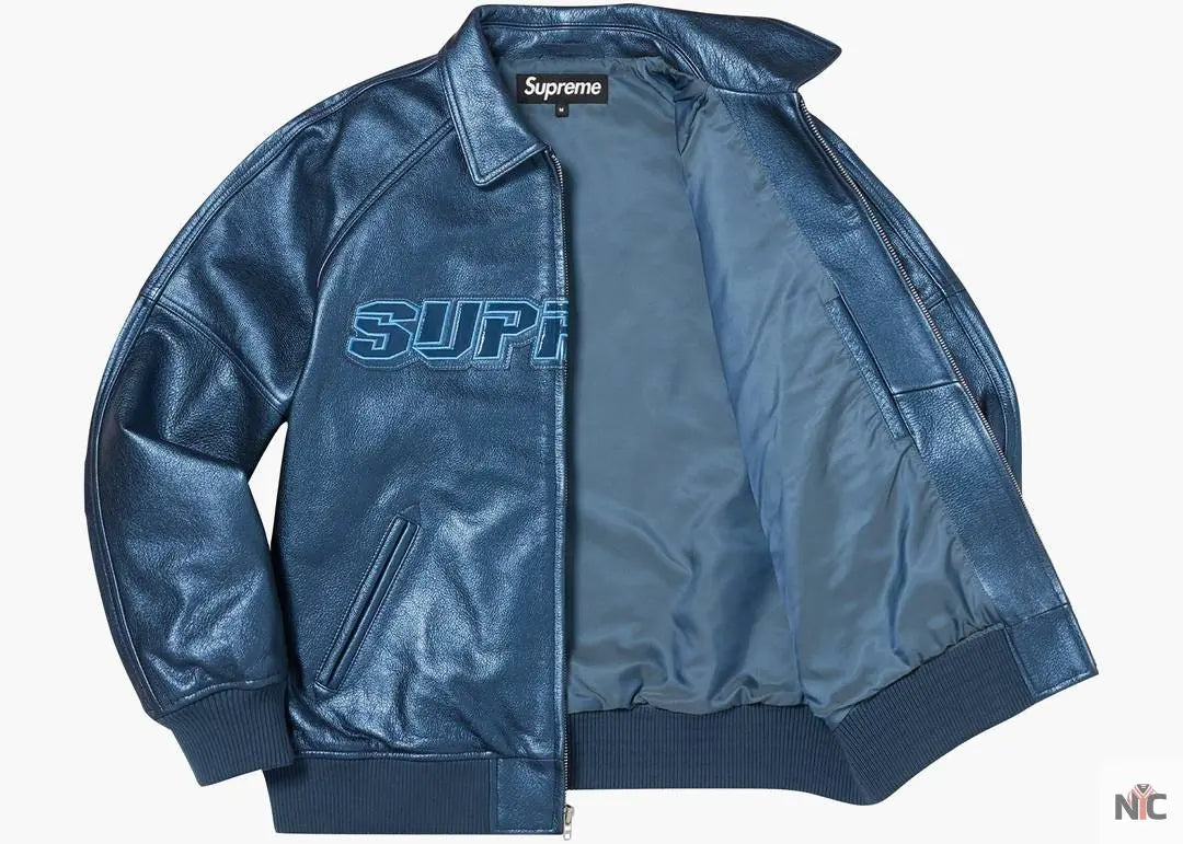 Supreme Silver Surfer Blue Leather Varsity Jacket NYC Jackets