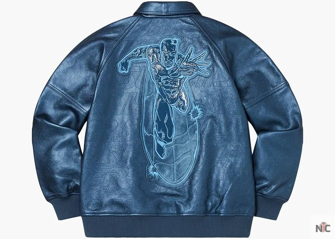 Supreme Silver Surfer Blue Leather Varsity Jacket NYC Jackets