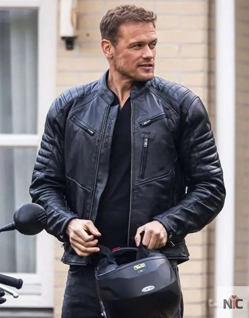 The Couple Next Door 2023 Sam Heughan Black Leather Jacket NYC Jackets