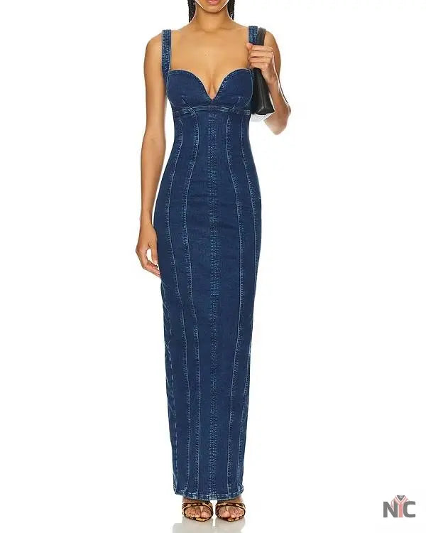 The McBee Dynasty Calah Jackson Blue Denim Maxi Dress NYC Jackets