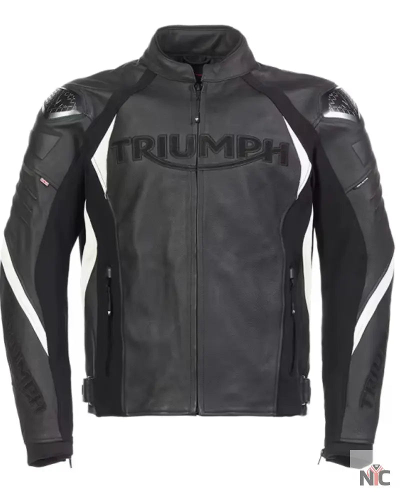 Triumph Triple Black Leather Motorcycle Jacket NYC Jackets