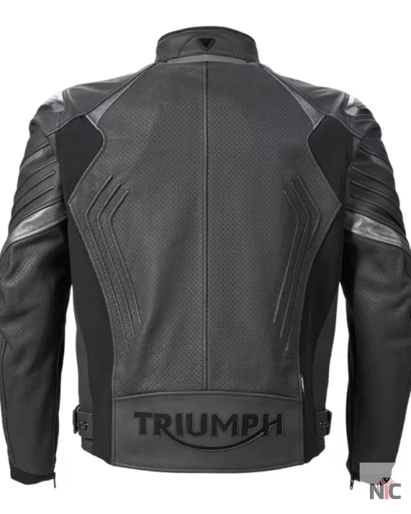 Triumph Triple Perforated Black Leather Motorcycle Jacket NYC Jackets