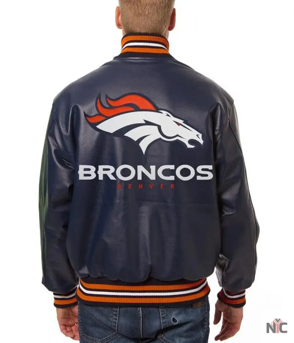 Varsity Denver Broncos Navy Blue Leather Jacket NYC Jackets