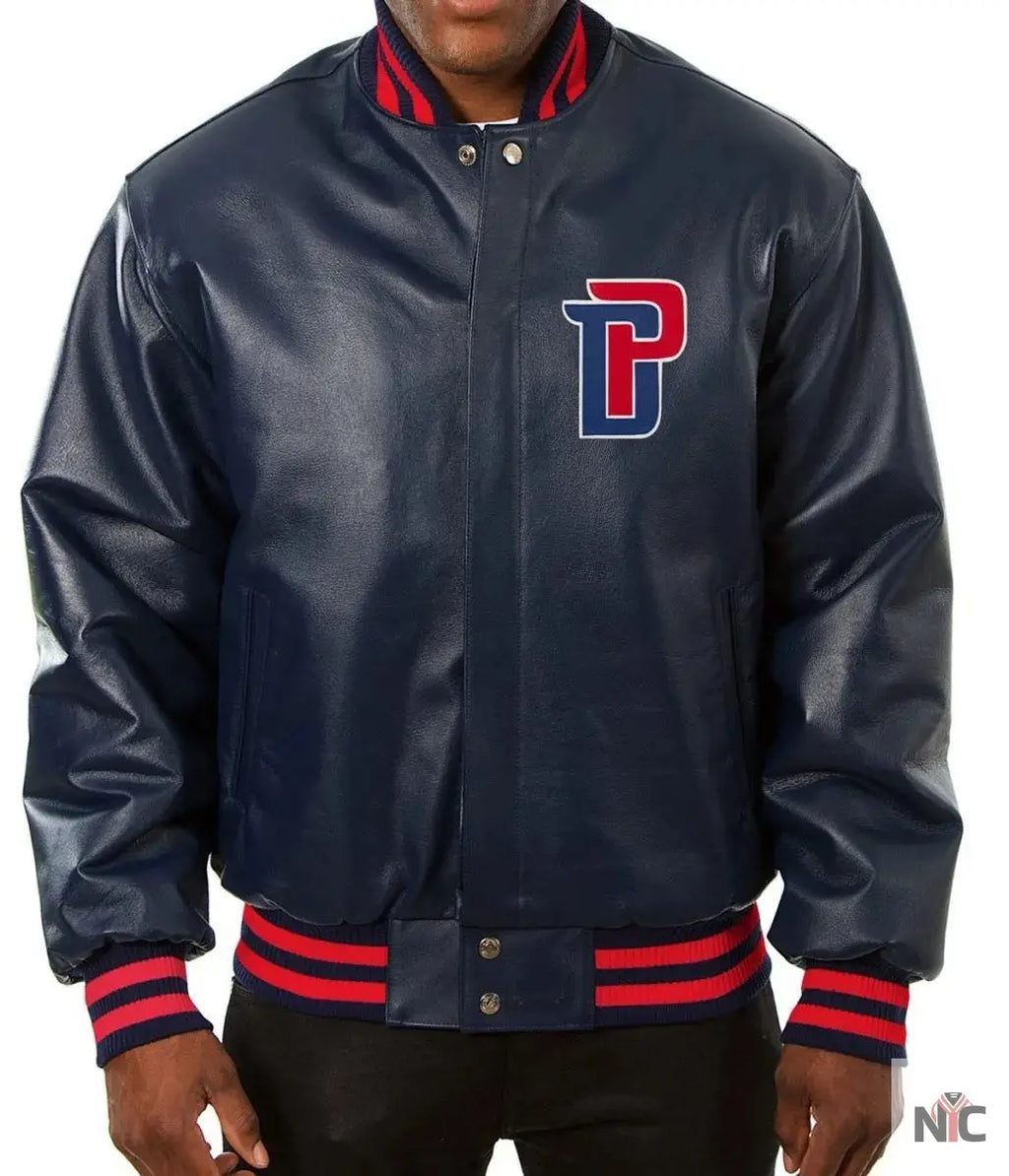 Varsity Detroit Pistons Navy Blue Leather Jacket NYC Jackets