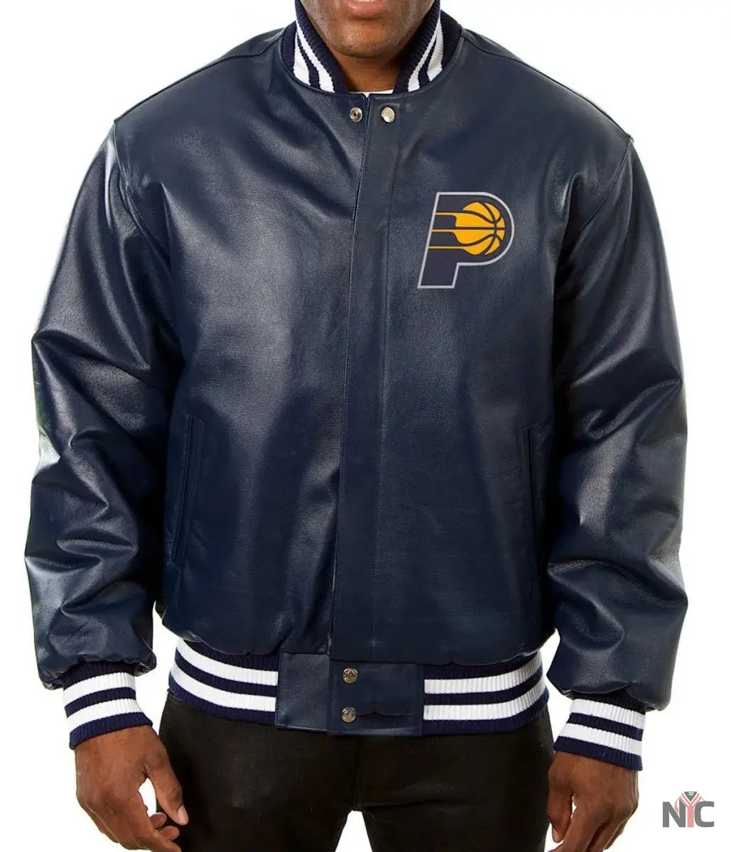 Varsity Indiana Pacers Navy Blue Leather Jacket NYC Jackets