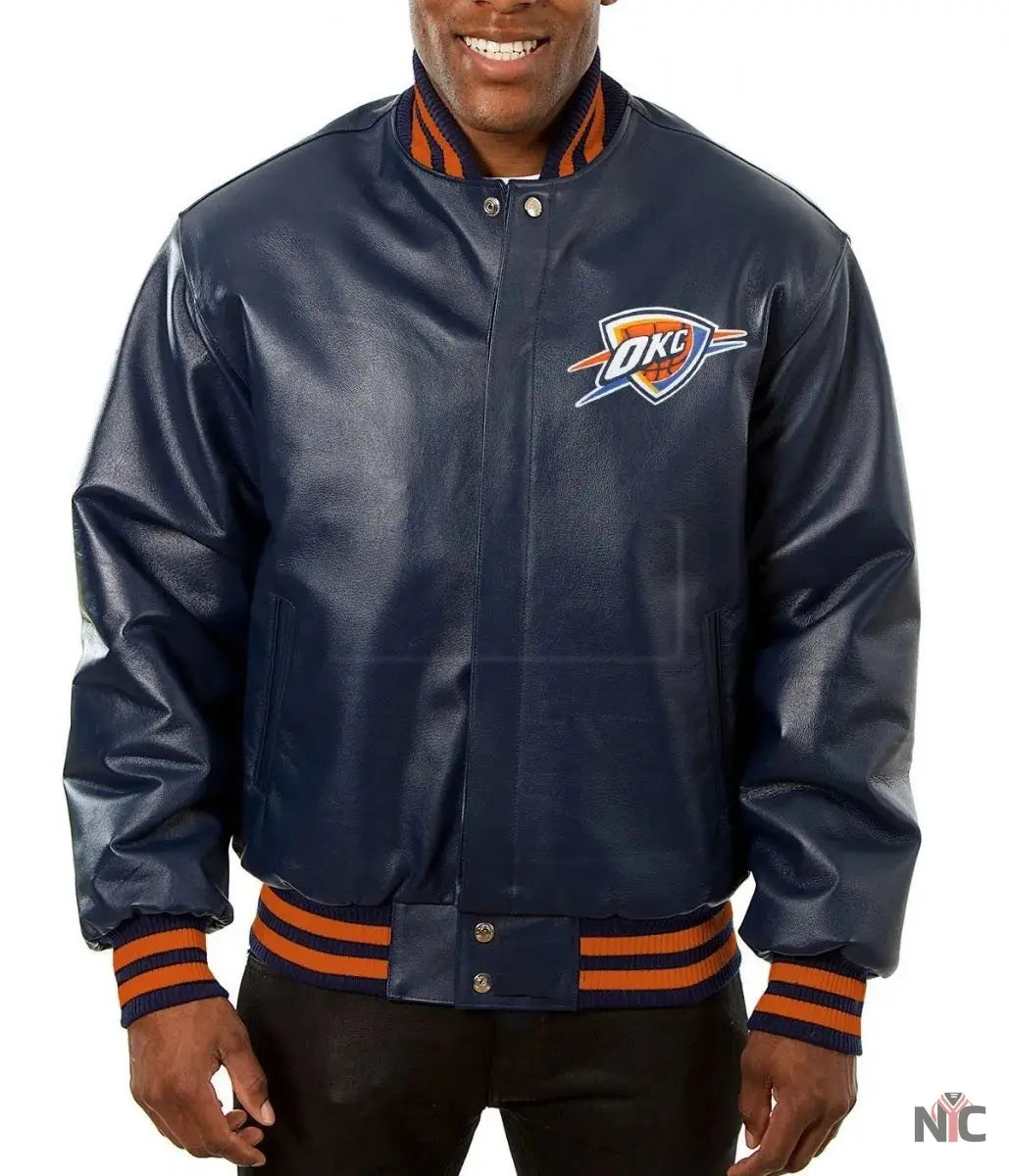 Varsity New Orleans Pelicans Navy Blue Leather Jacket NYC Jackets