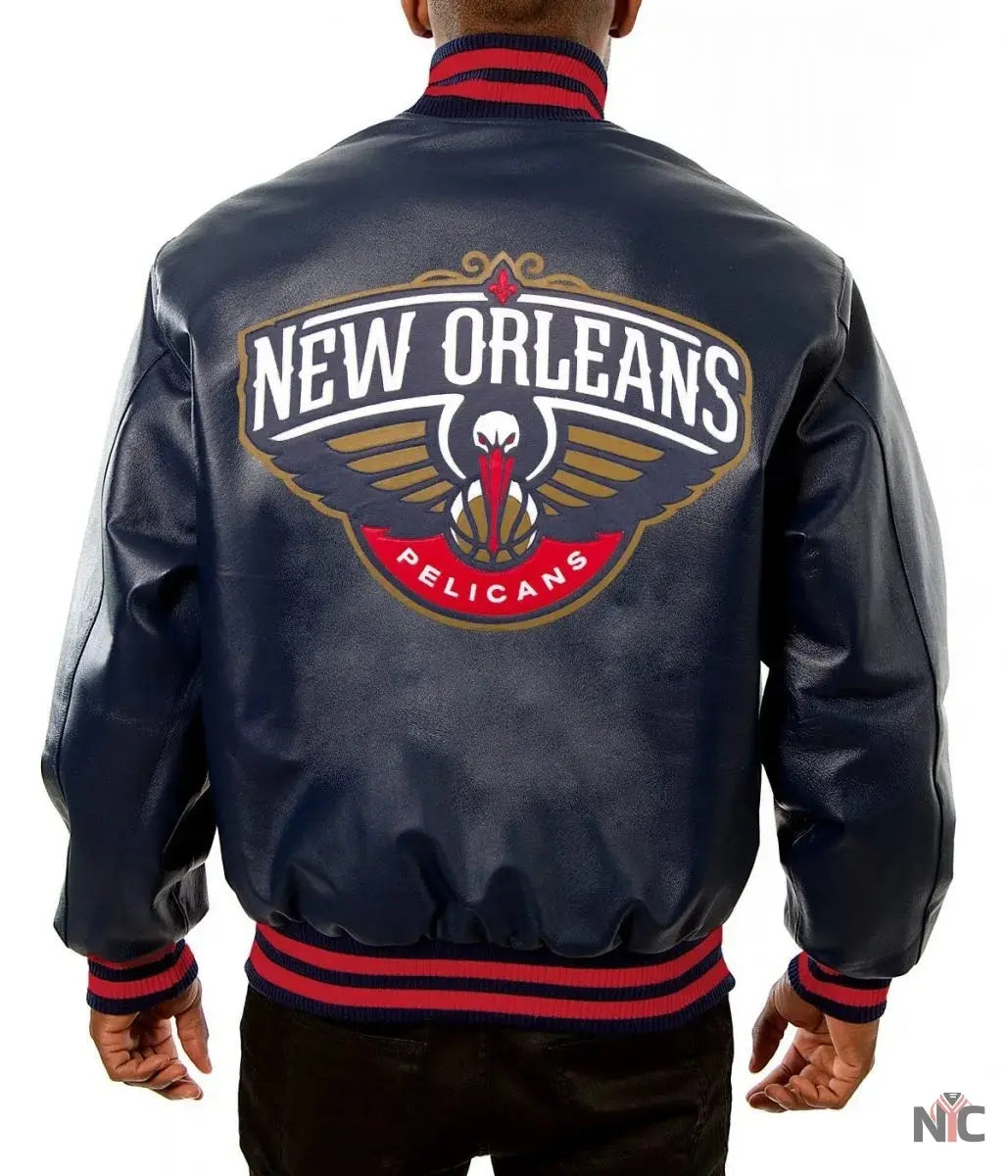 Varsity New Orleans Pelicans Navy Blue Leather Jacket NYC Jackets