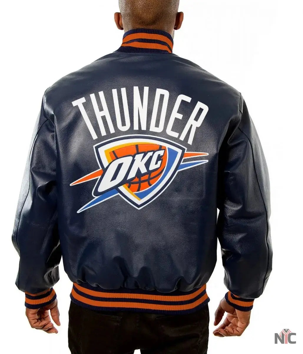 Varsity Oklahoma City Thunder Navy Blue Leather Jacket NYC Jackets