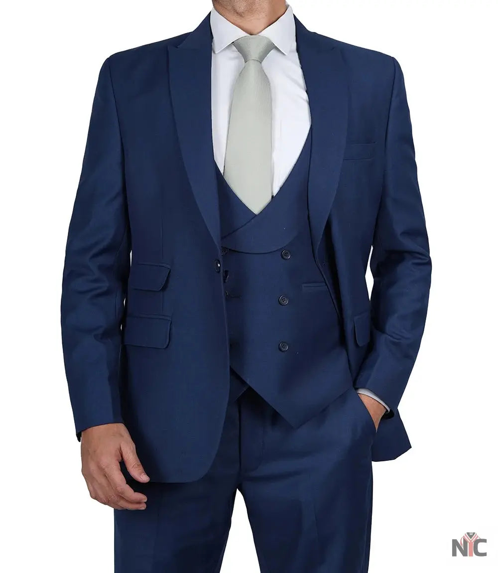 Vollmer Men's Blue Peak Lapel Three Piece Suit NYC Jackets