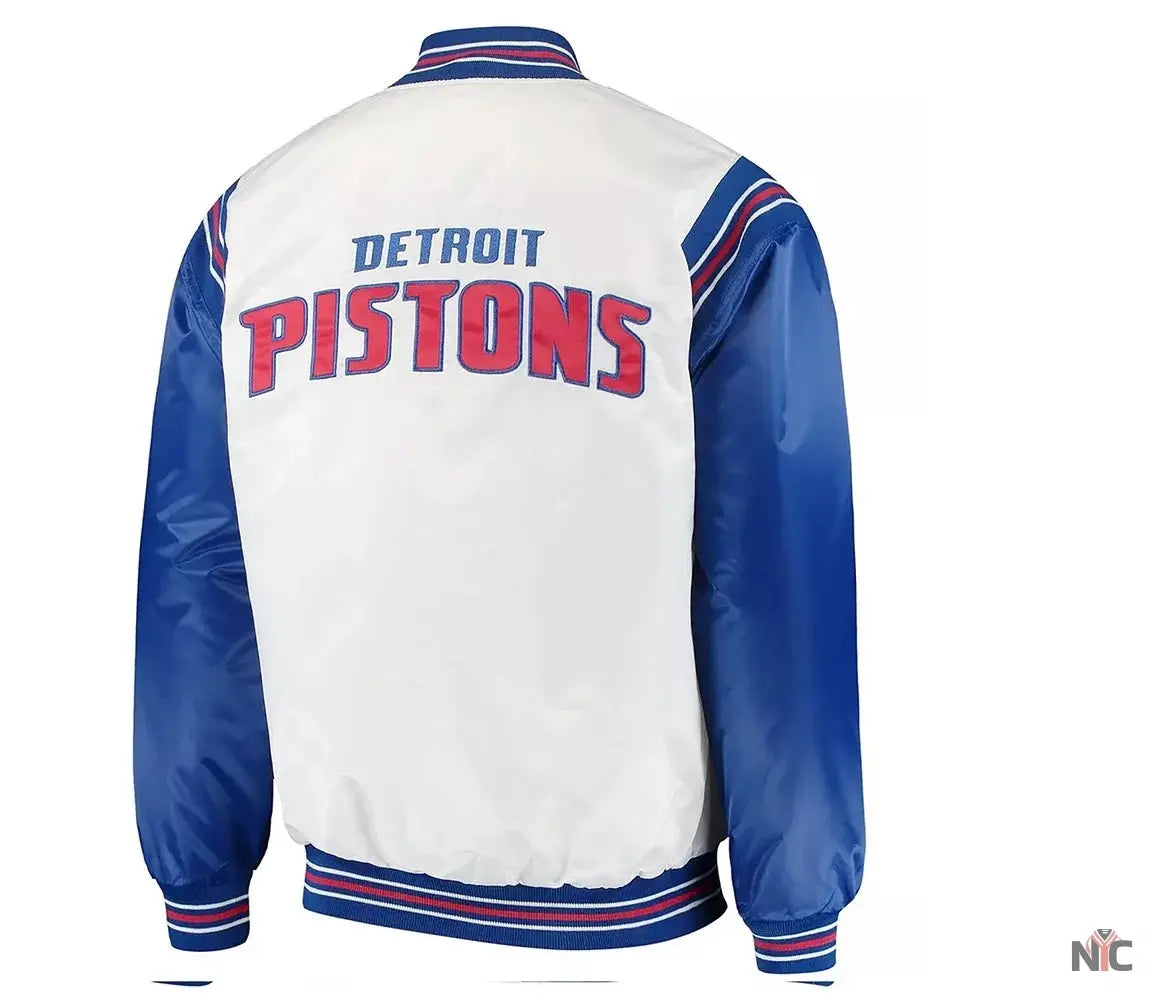 White/Blue Detroit Pistons Renegade Varsity Satin Jacket NYC Jackets