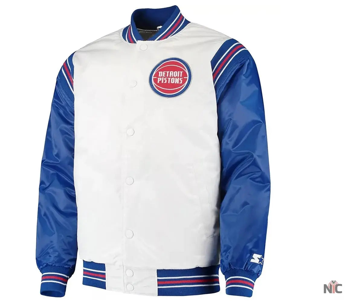White/Blue Detroit Pistons Renegade Varsity Satin Jacket NYC Jackets