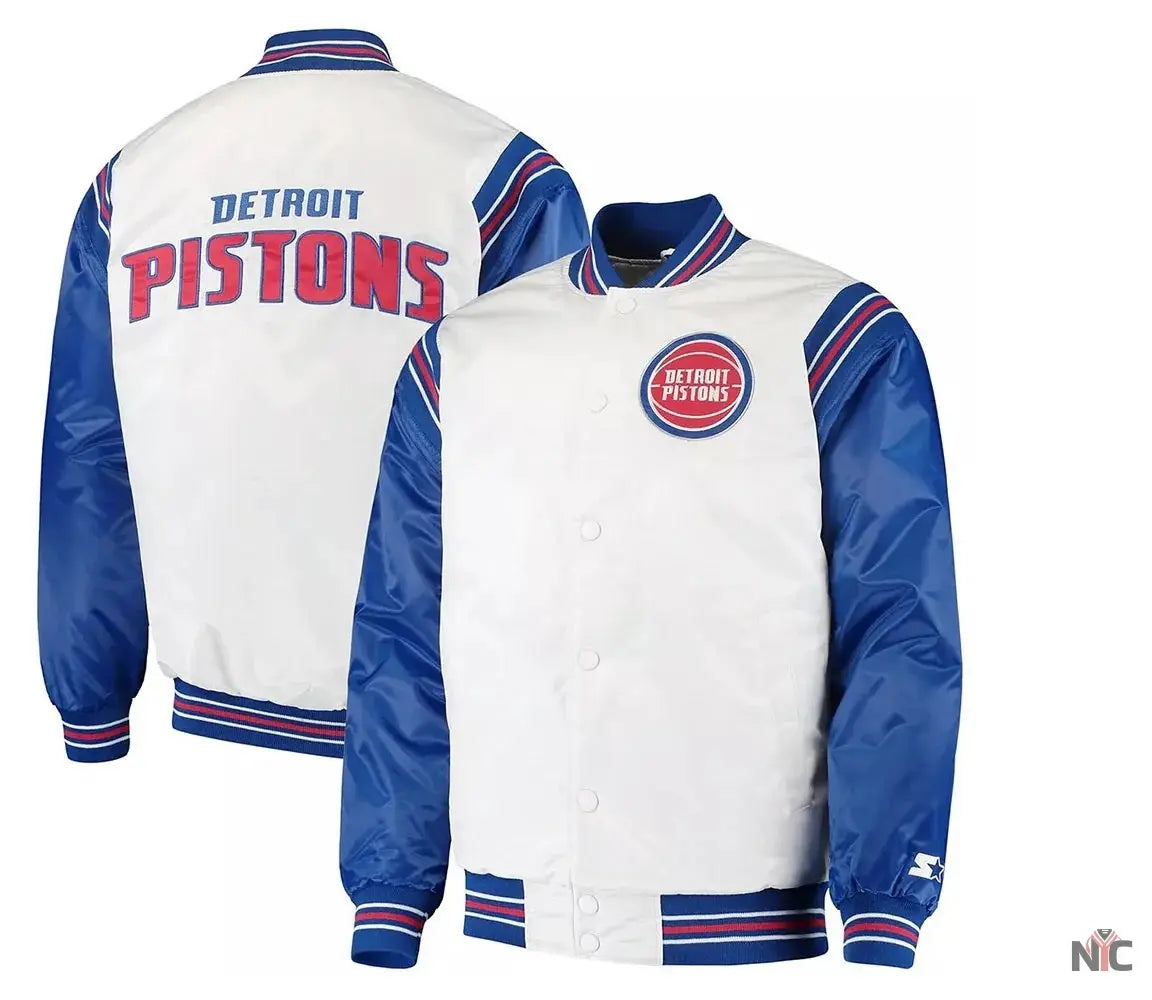 White/Blue Detroit Pistons Renegade Varsity Satin Jacket NYC Jackets