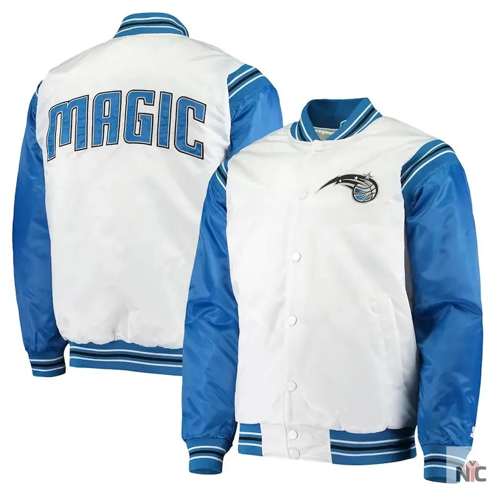 White and Blue Orlando Magic Renegade Varsity Satin Jacket NYC Jackets