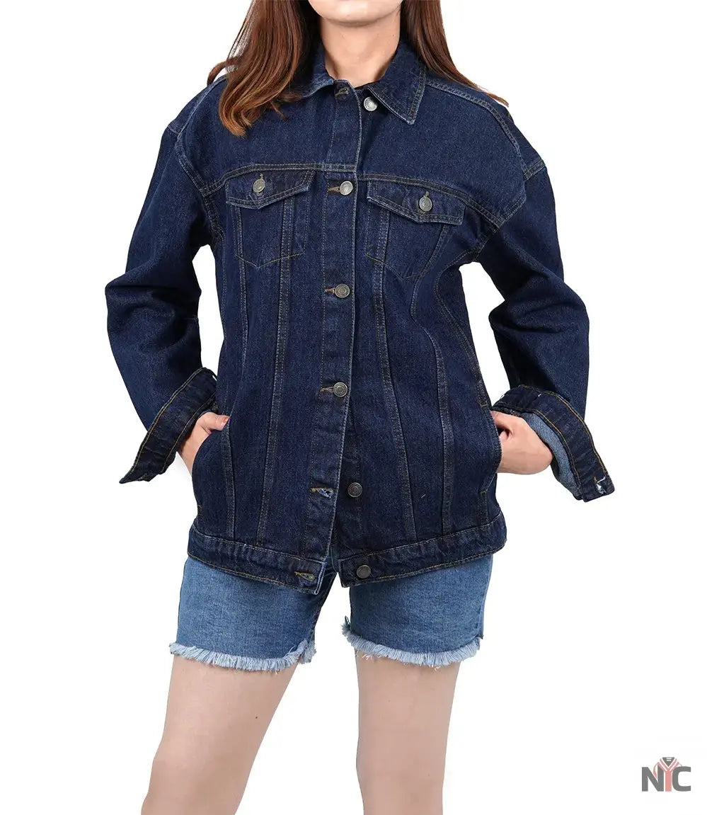 Women's Dark Blue Oversized Denim Jacket NYC Jackets