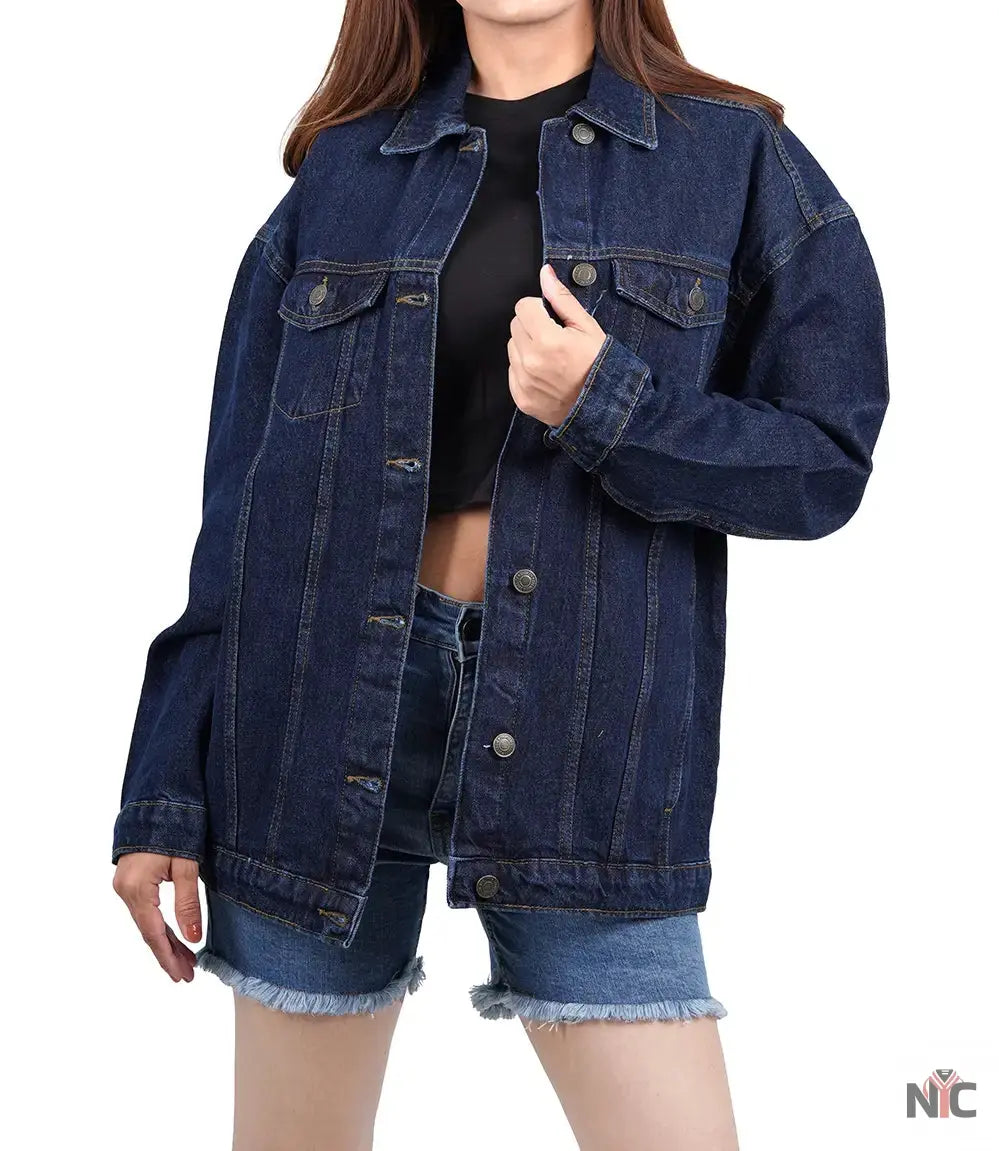 Women's Dark Blue Oversized Denim Jacket NYC Jackets