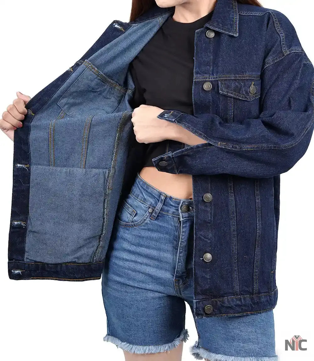 Women's Dark Blue Oversized Denim Jacket NYC Jackets