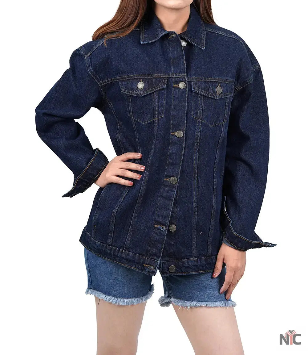 Women's Dark Blue Oversized Denim Jacket NYC Jackets