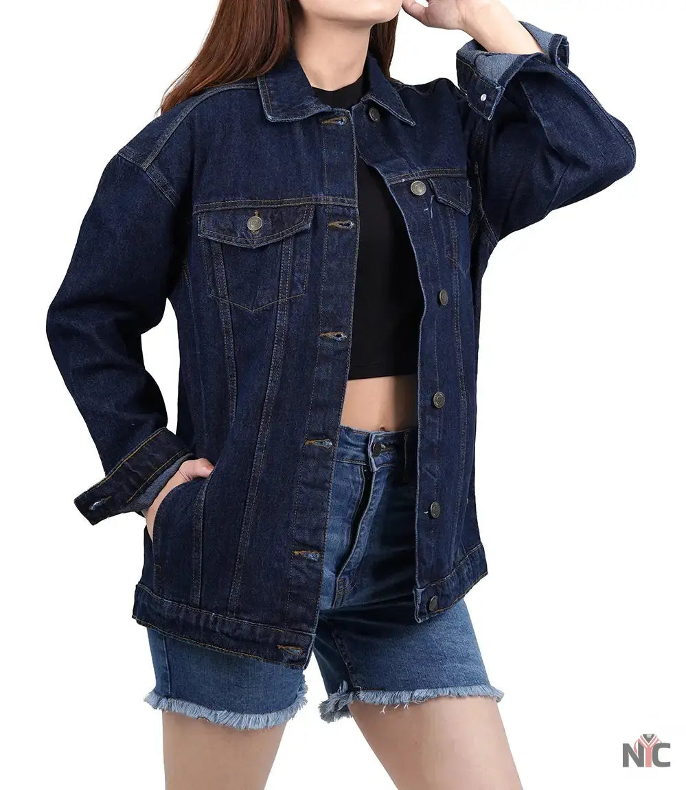 Women's Dark Blue Oversized Denim Jacket NYC Jackets