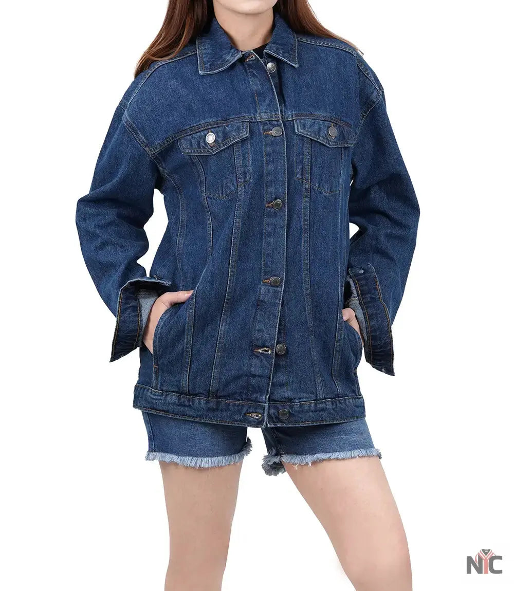 Women's Mid Blue Oversized Denim Jacket NYC Jackets