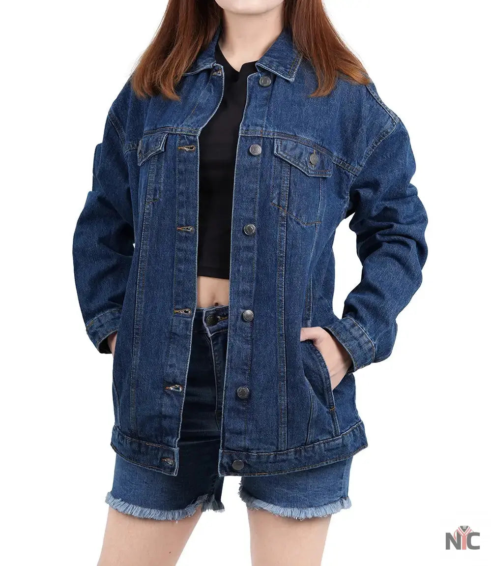 Women's Mid Blue Oversized Denim Jacket NYC Jackets